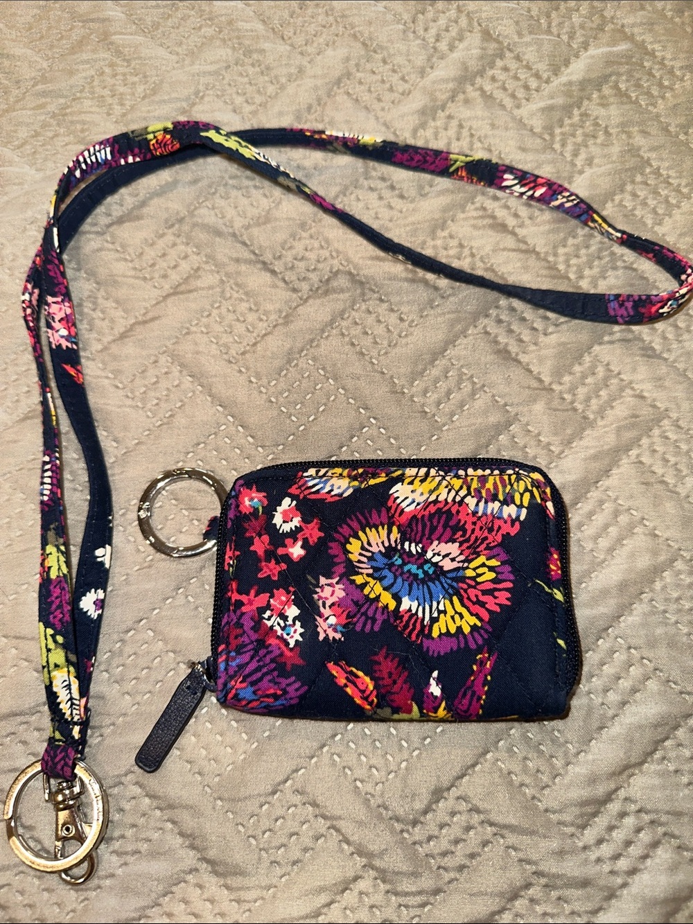 Vera Bradley Navy Floral Zip Card Holder with Lanyard